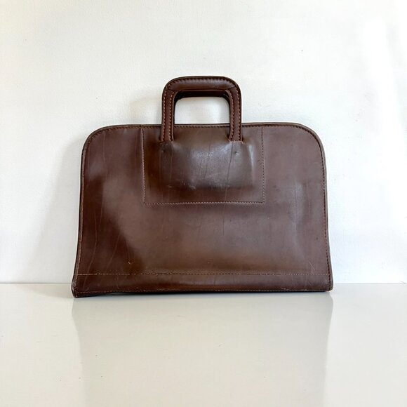 Vintage Brown Leather Briefcase File Folder Zipper Closure with Handles